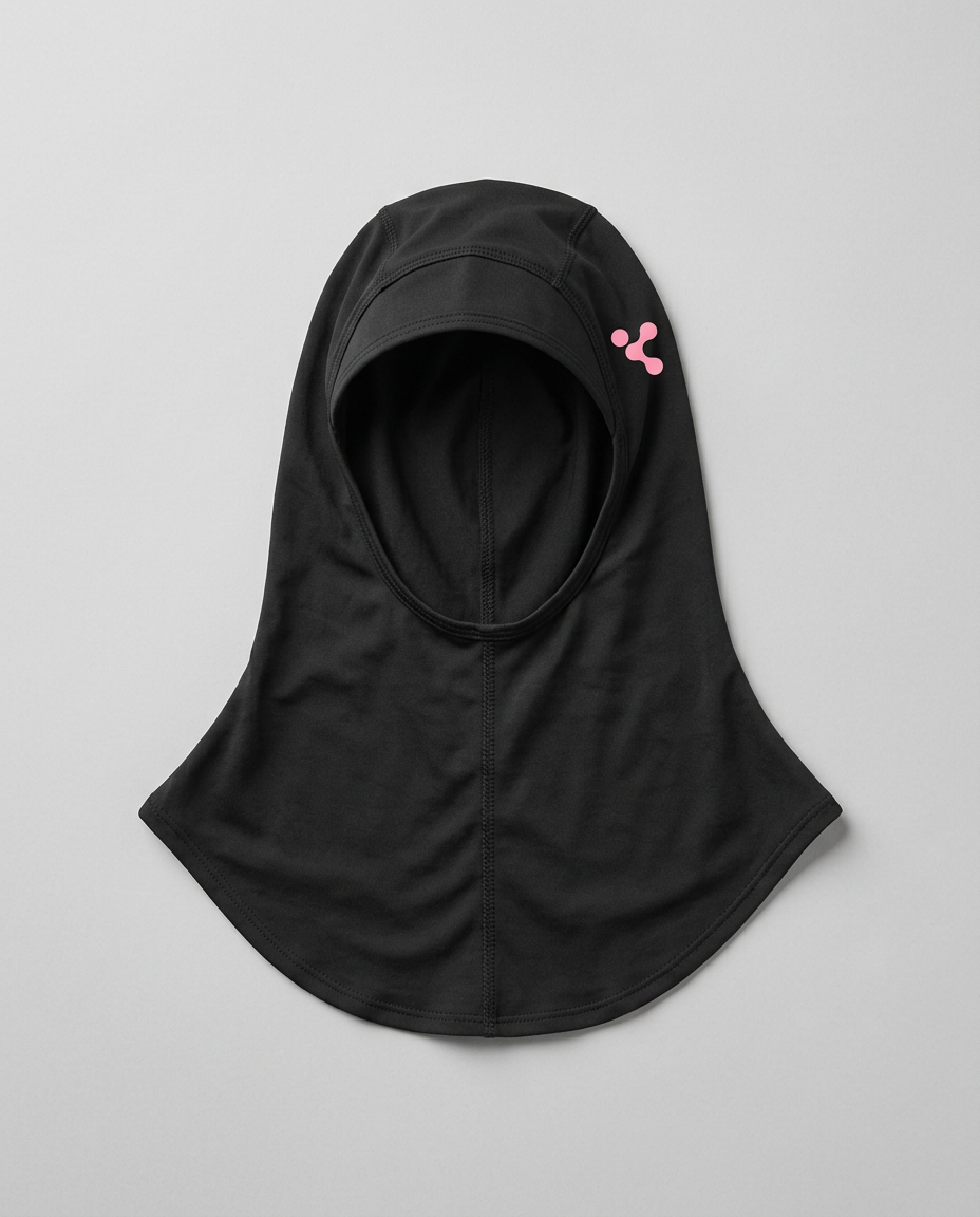 Flat lay of black hood-style sport hijab with pink temple logo