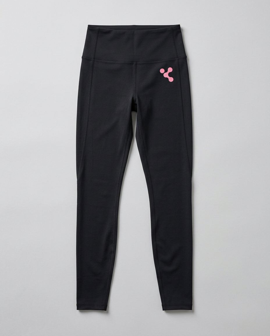 Flat lay of black high-waist leggings with original pink logo