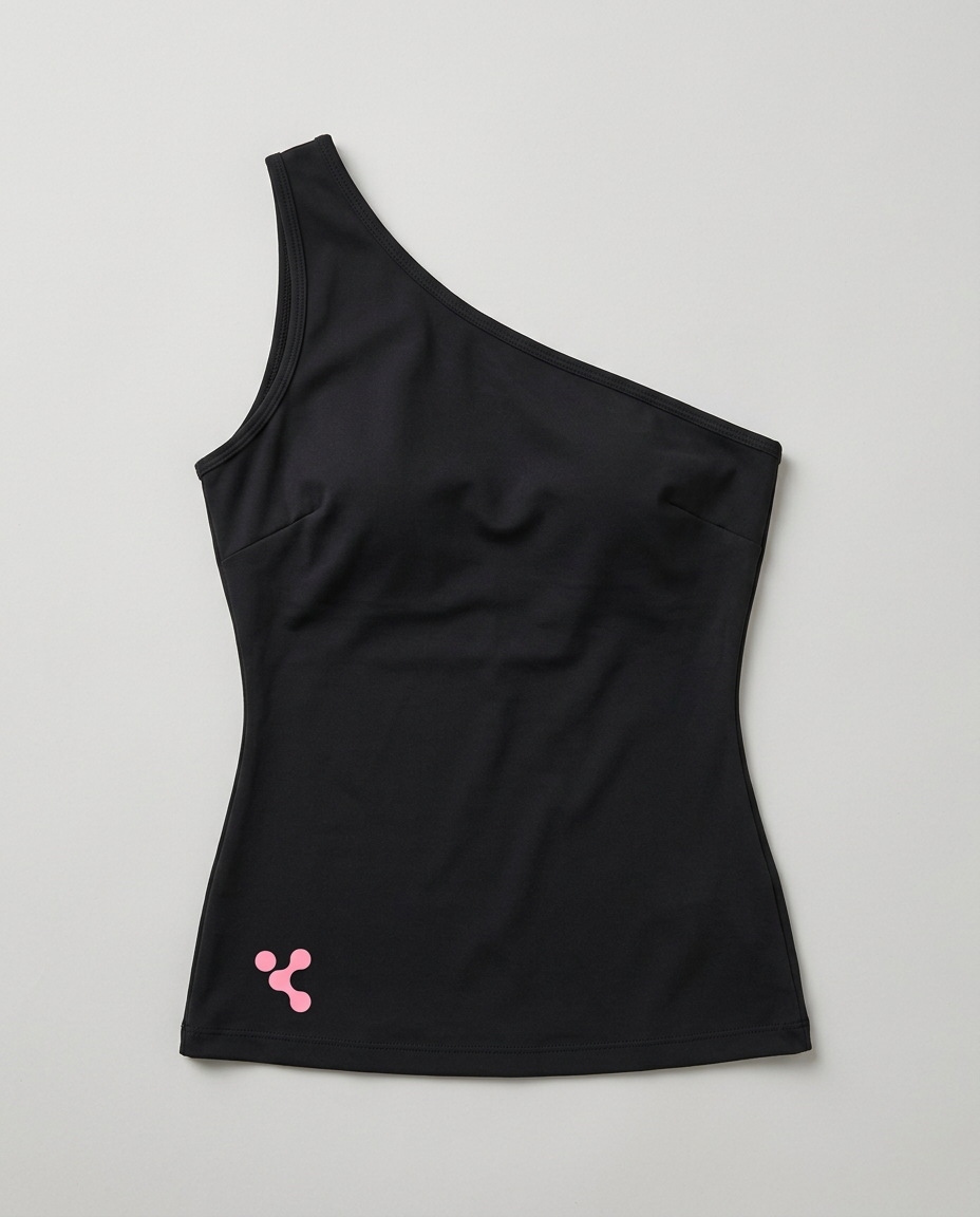 Flat lay of black asymmetric one-shoulder tank with original pink logo