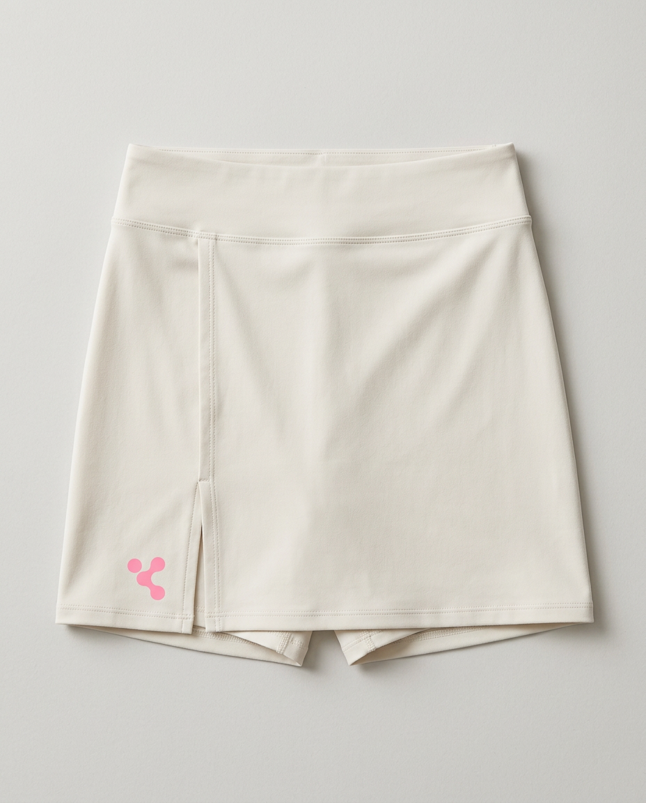 Flat lay of cream wrap-front skirt with built-in shorts and original pink logo