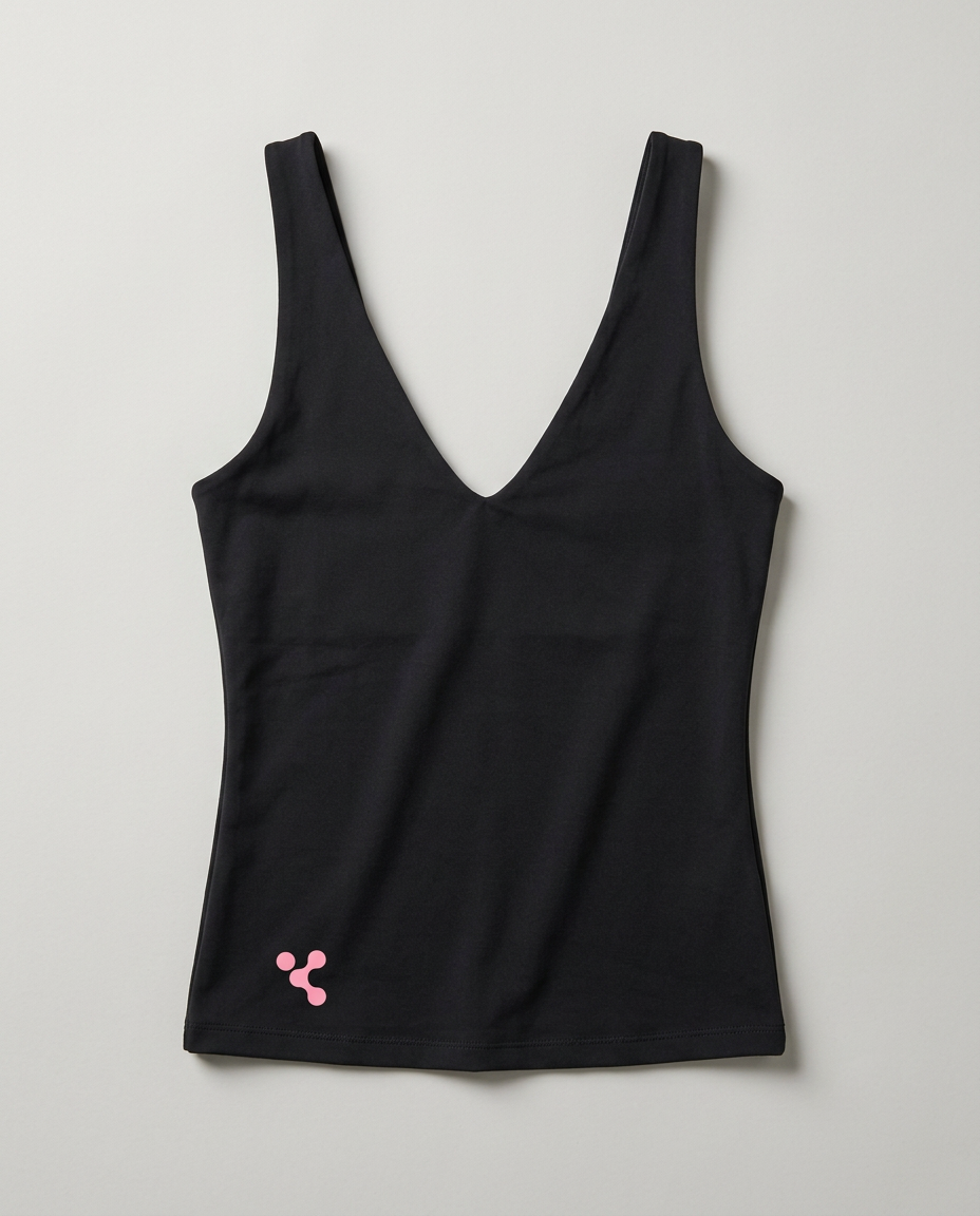 Flat lay of the black V-neck tank with original pink Inner Circle logo