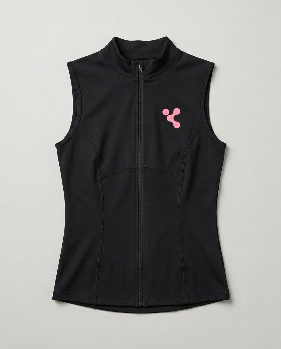 Flat lay of black sleeveless mock-neck vest with full-length front zipper
