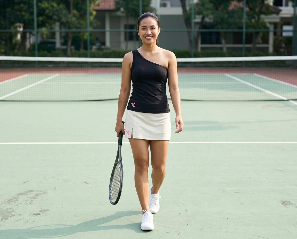 Asian woman wearing the black Inner Circle one-shoulder tank and cream wrap-front skirt on a tennis court